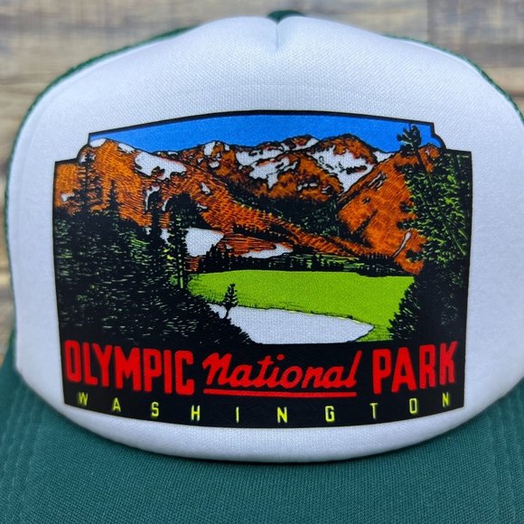 Olympic National Park Mens Trucker Hat Green Snapback Washington State PNW Cap - Picture 3 of 8